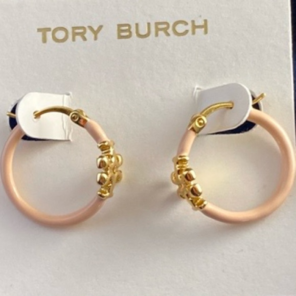 Tori Burch Light Peach enamel Gold  signature Hoops - Picture 3 of 4